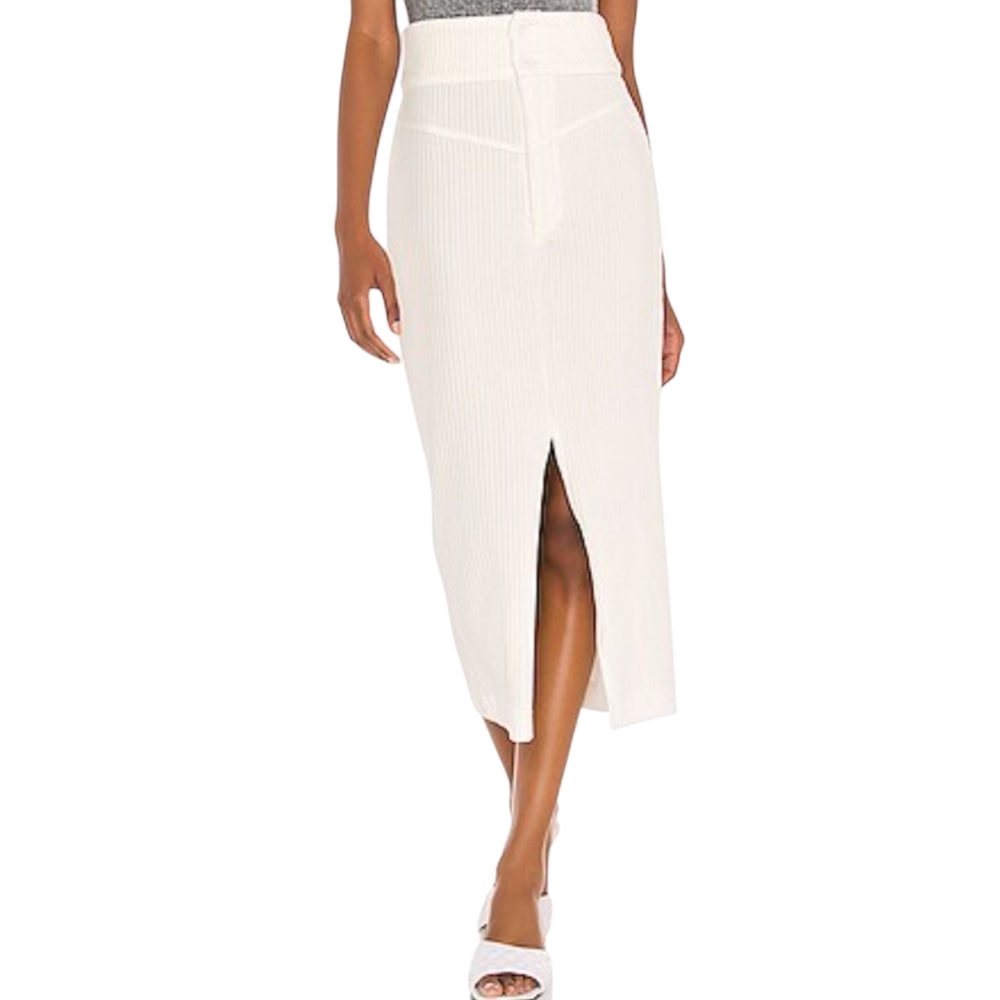 Free People Ivory Ribbed Midi Pencil Skirt Center Slit | Size M | 30" Waist